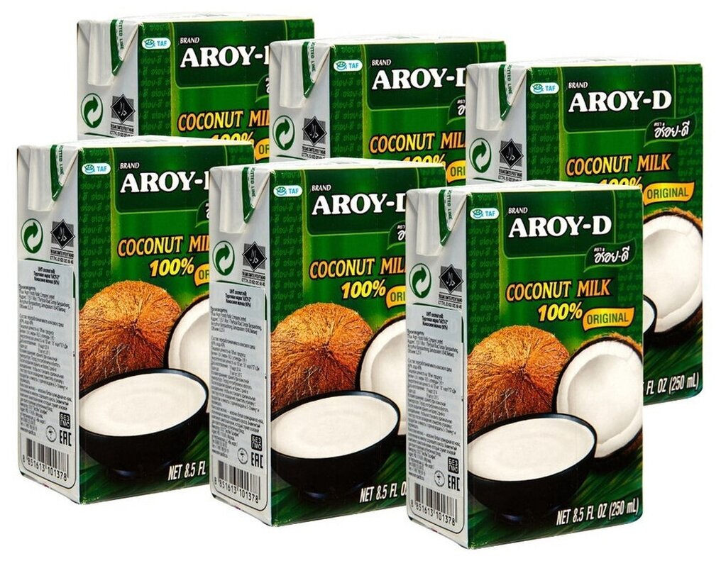 Молоко кокосовое AROY-D, 6 упаковок Tetra Pak по 250 мл.