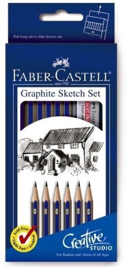 Набор чернографитных карандашей Faber-castell GOLDFABER 1221 твердость 2Н, НВ, В, 2В,4В, 6В + с ластик и точилка, в картонной коробке