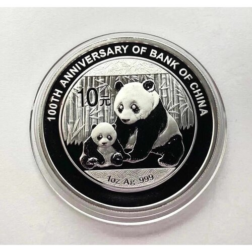 Серебряная монета в капсуле 10 юаней. 100-й юбилей банка Китая. Панда. Китай, 2012 г. в. Proof