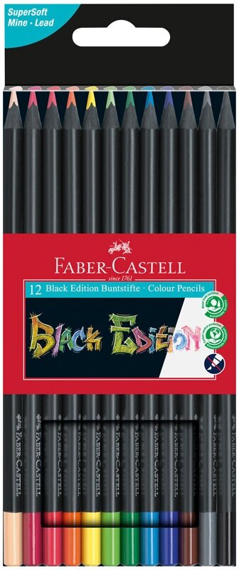 Карандаши цветные Faber-Castell «Black Edition», 12цв, трехгран, черное дерево, заточен, картон.