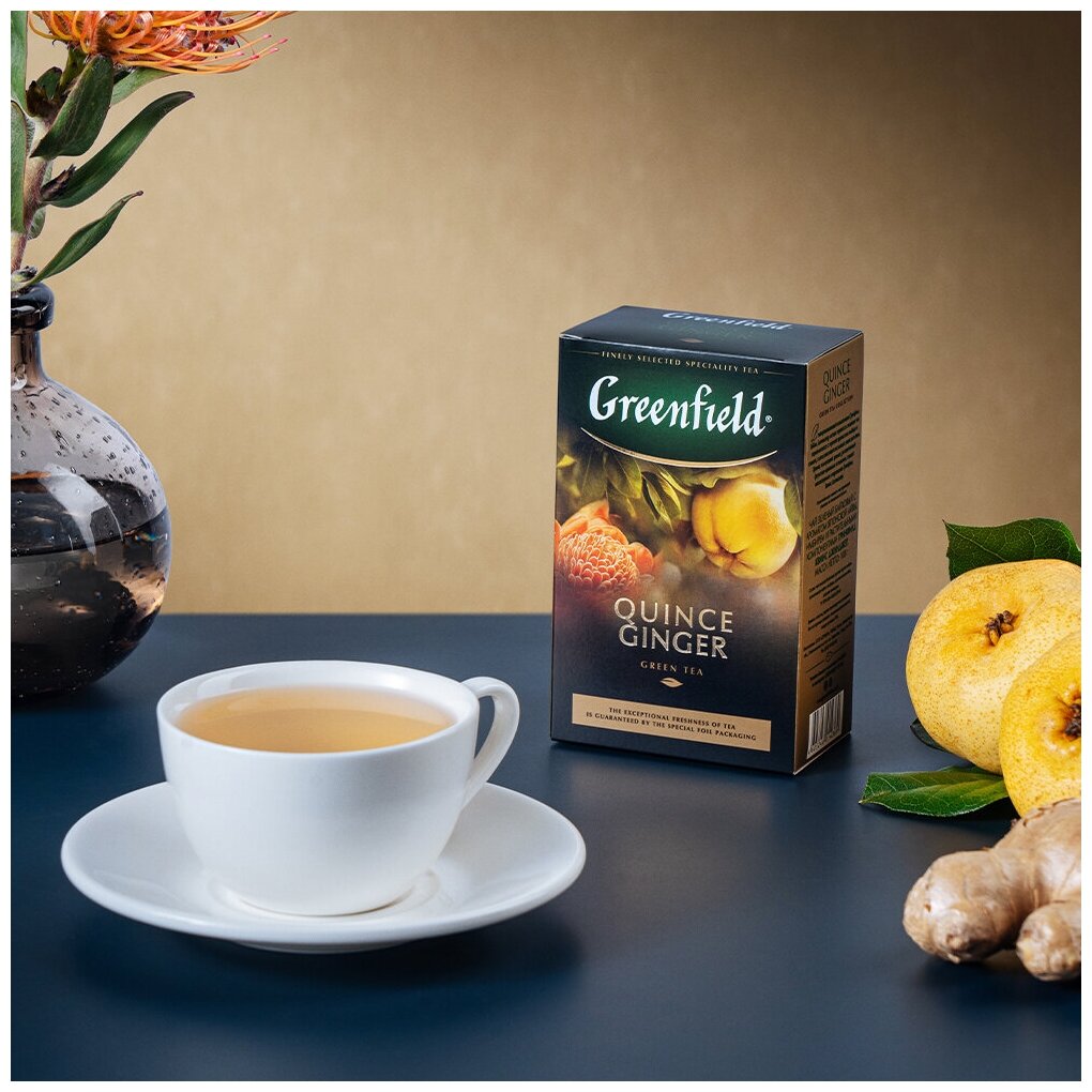 Чай GREENFIELD Quince Ginger зеленый листовой ароматизированный, 100 г - фотография № 5