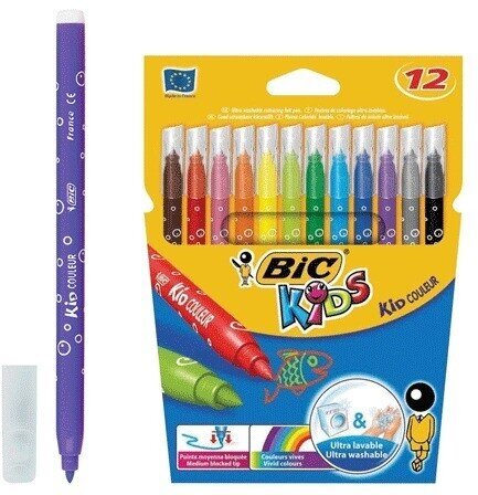 Фломастеры BIC "Kid Couleur", 12 цветов, супер смываемые, вентилируемый колпачок (841798)
