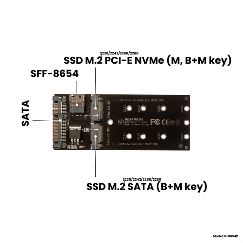 Адаптер-переходник (плата расширения) для SSD M.2 SATA (B+M key) в разъем SATA / M.2 PCI-E NVMe (M, B+M key) в разъем SFF-8654, NFHK N-8654D m 2 ssd to u 2 adapter 2 in 1 m 2 nvme sata bus ngff ssd to pci e u 2 sff 8639 pcie m2 adapter converter for desktop computer pc