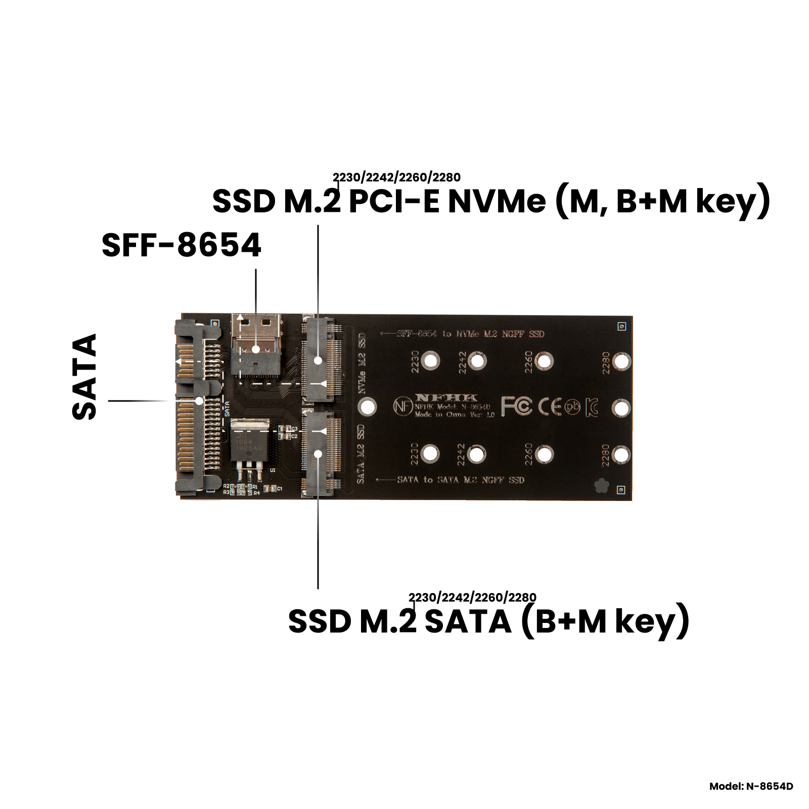 Адаптер-переходник (плата расширения) для SSD M.2 SATA (B+M key) в разъем SATA / M.2 PCI-E NVMe (M B+M key) в разъем SFF-8654 NFHK N-8654D