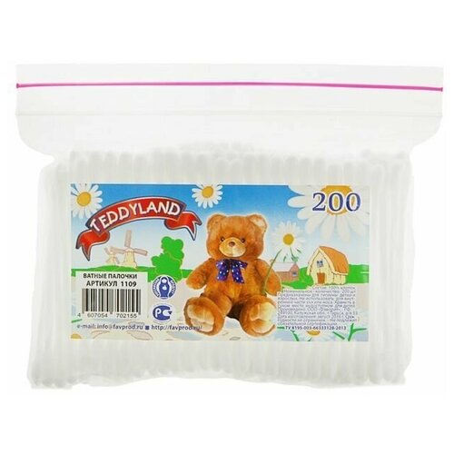 Ватные палочки Teddyland 200 шт. в пакете ватные палочки teddyland 200 шт 2 набор