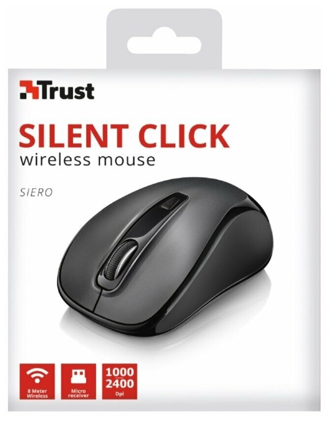 Удобная беспроводная мышь с улучшенными бесшумными клавишами Trust Siero, черная