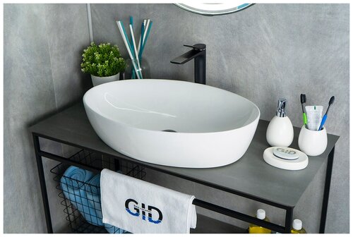 Комплект 2 предмета: Керамическая накладная раковина для ванной Gid N9433 с сифоном А-3202