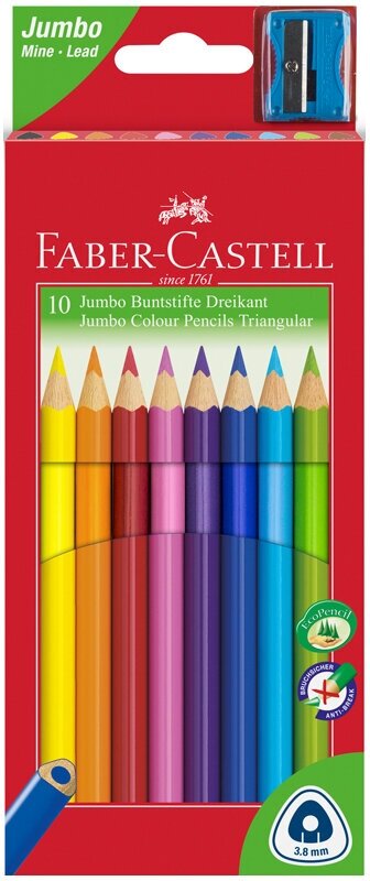 Карандаши цветные Faber-Castell "Jumbo" 10цв, трехгран, заточен, с точилкой