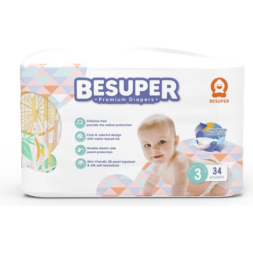 фото Diapers-подгузники besuper premium, размер m (3) 6-10 кг. 34 шт.