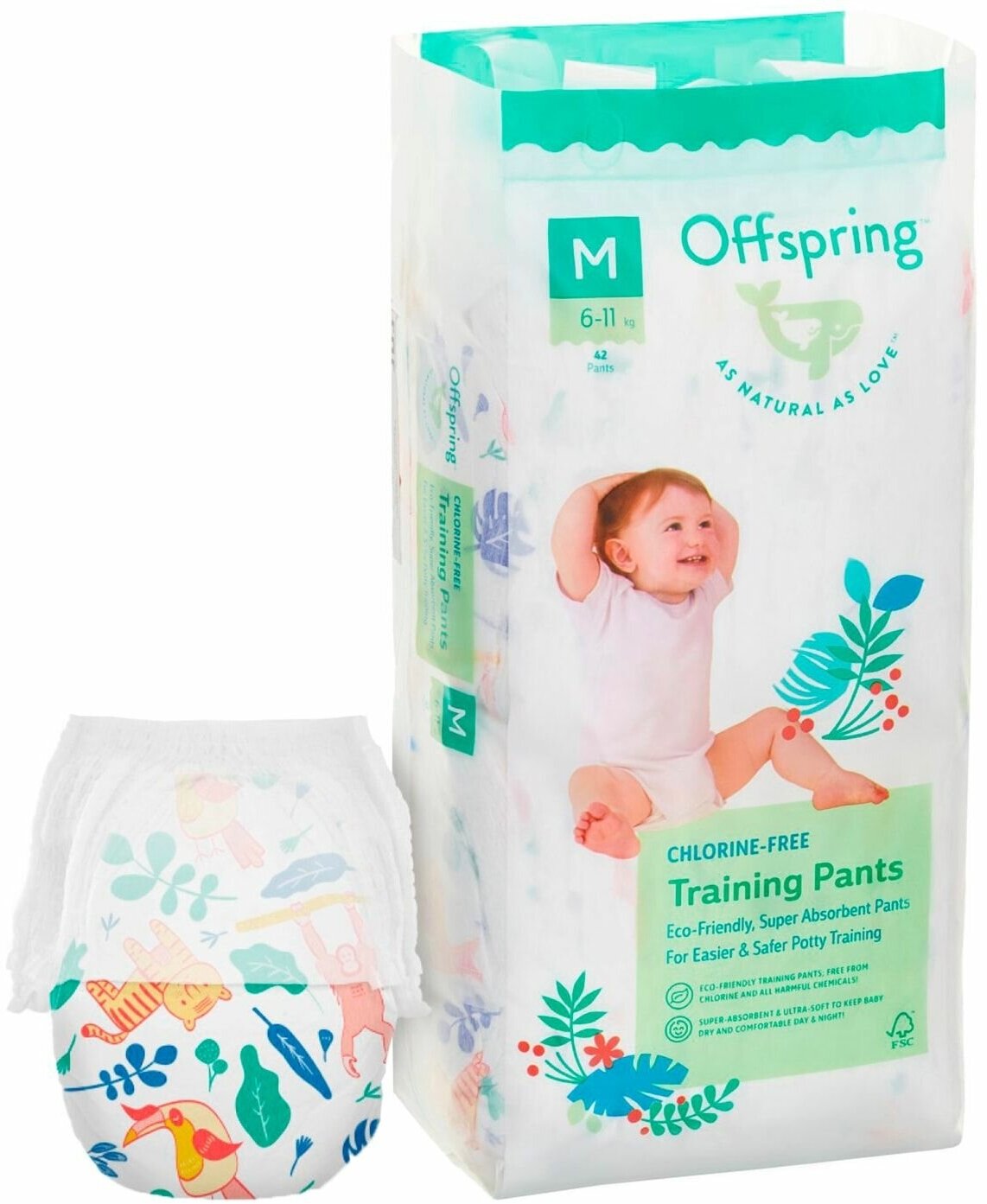 Трусики-подгузники Offspring, M 6-11 кг. 42 шт. расцветка Джунгли