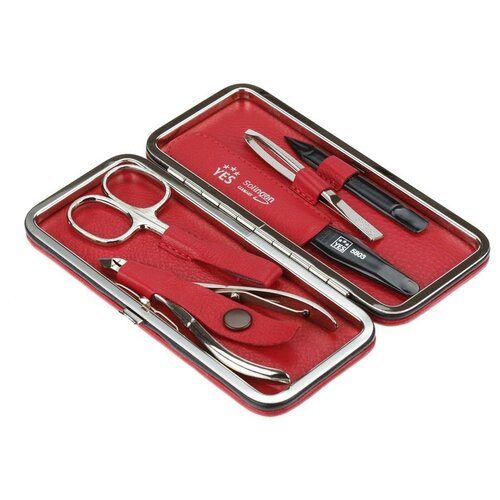 Маникюрный набор YES, 5 пр. Футляр: натуральная кожа, цвет красный