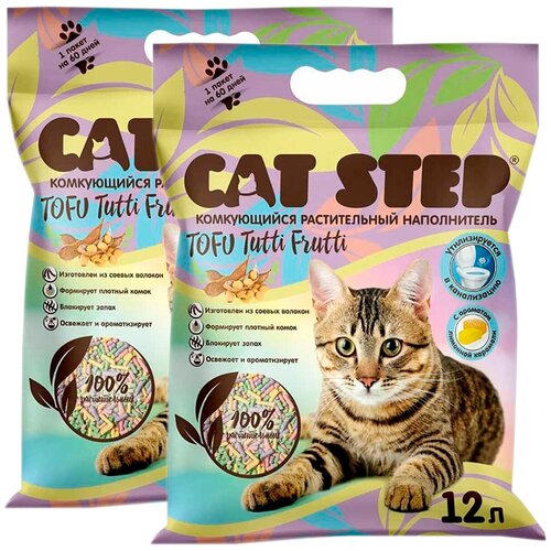 CAT STEP TOFU TUTTI FRUTTI наполнитель комкующийся растительный для туалета кошек (12 + 12 л) наполнитель для кошачьего туалета cat step tofu tutti frutti комкующийся растительный 6л