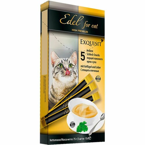 Лакомство для кошек Edel for cat - крем-суп с птицей и печенью, 5 шт по 15 г в упаковке