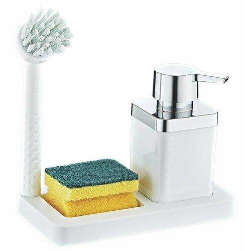 Дозатор для моющего средства на кухню с щеткой подставкой для губки, белый