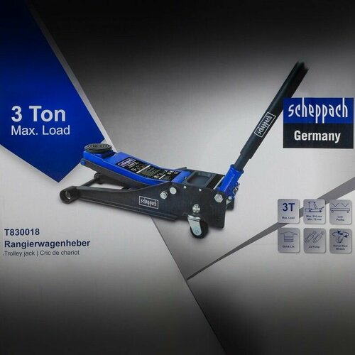 Домкрат Scheppach подкатной гидравлический двухпоршневой 3т низкопрофильный с прорезиненной накладкой на рукоятке (h min 75мм, h max 510мм)