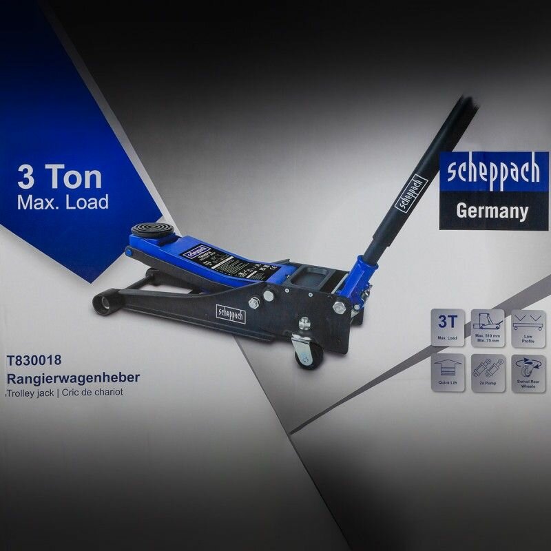фото Домкрат Scheppach подкатной гидравлический двухпоршневой 3т низкопрофильный с прорезиненной накладкой на рукоятке (h min 75мм, h max 510мм)