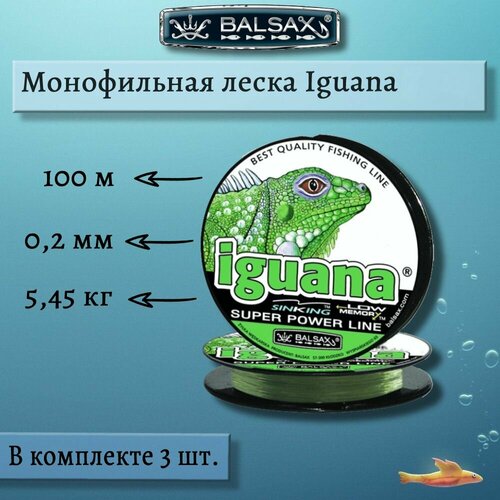 монофильная леска для рыбалки balsax iguana 100м 0 50мм 26 1кг светло зеленая 3 штуки по 100 метров Монофильная леска для рыбалки Balsax Iguana 100м 0,20мм 5,45кг светло-зеленая (3 штуки по 100 метров)