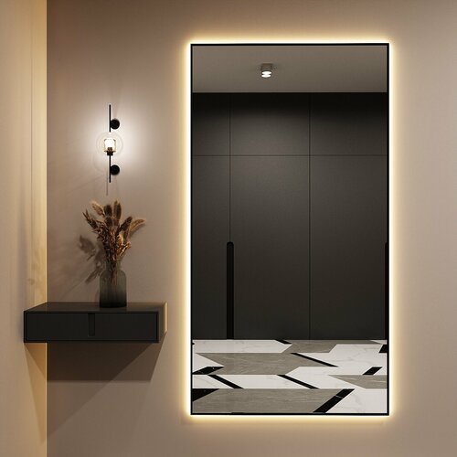 Зеркало с подсветкой в алюминиевой раме настенное ALUMIRROR 160х80см. Свет: Теплый белый 3000К. Черное