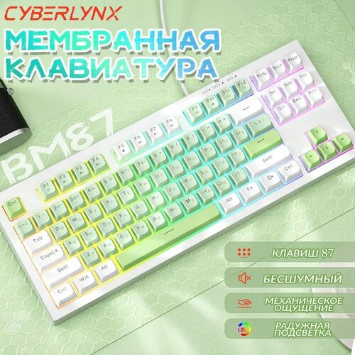 Механическая Клавиатура проводная с подсветкой /Клавиатура для игры, для работы,+ RGB подсветка, белая, для компьютера, эргономичная белый, белый, зеленый
