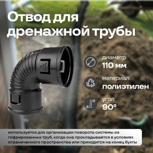Отвод для дренажной трубы 110 мм применятся при необходимости осуществить поворот гофрированной трубы для дренажа в стесненных условиях не боится коррозии выдерживает замерзание воды 2220₽
