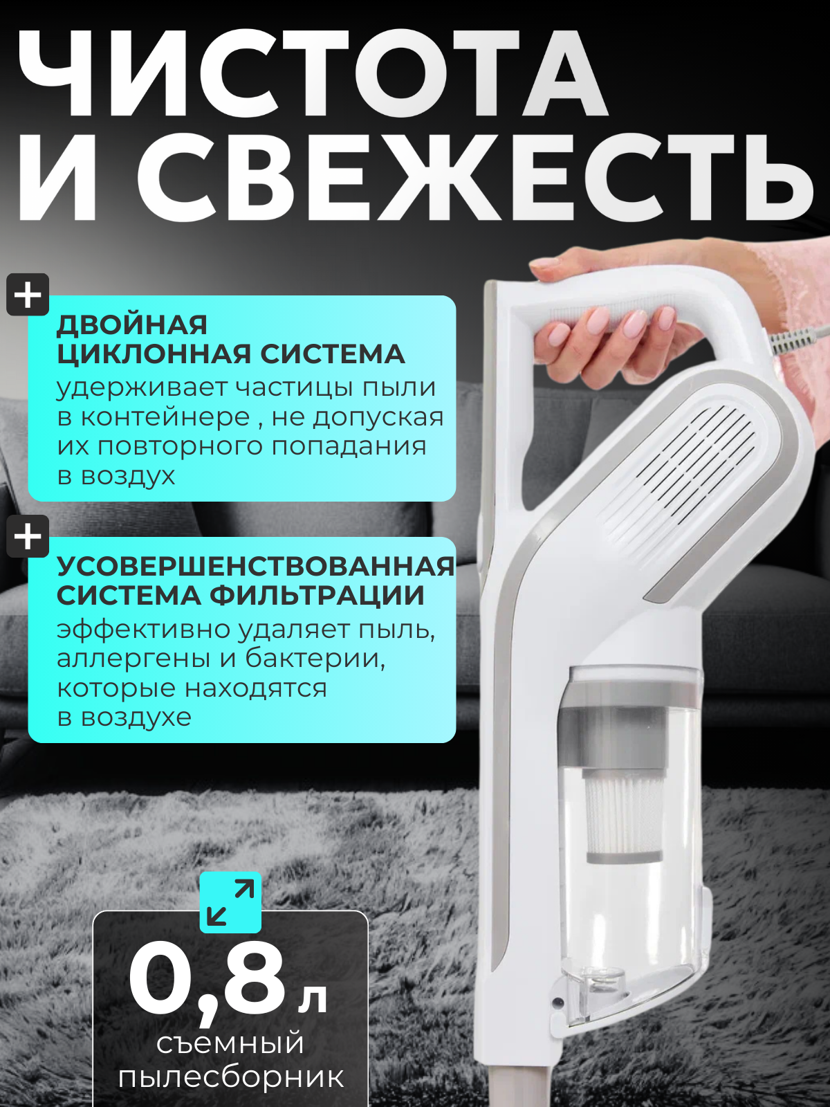 Пылесос вертикальный проводной MYIDEA, 650 Вт с HEPA-фильтром, для дома и авто, длина сетевого шнура 5м, белый — фото 1