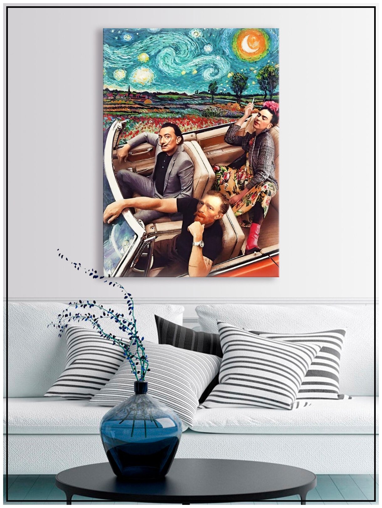 Картина для интерьера на натуральном хлопковом холсте "Ван Гог, Дали и Фрида в кабриолете", 30*40см, холст на подрамнике, картина в подарок для дома