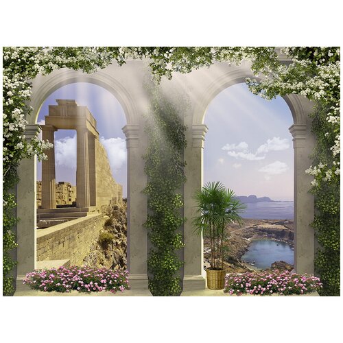 Флизелиновые фотообои Уютная стена Античная терраса с арками 370х270 см с текстурой Песок