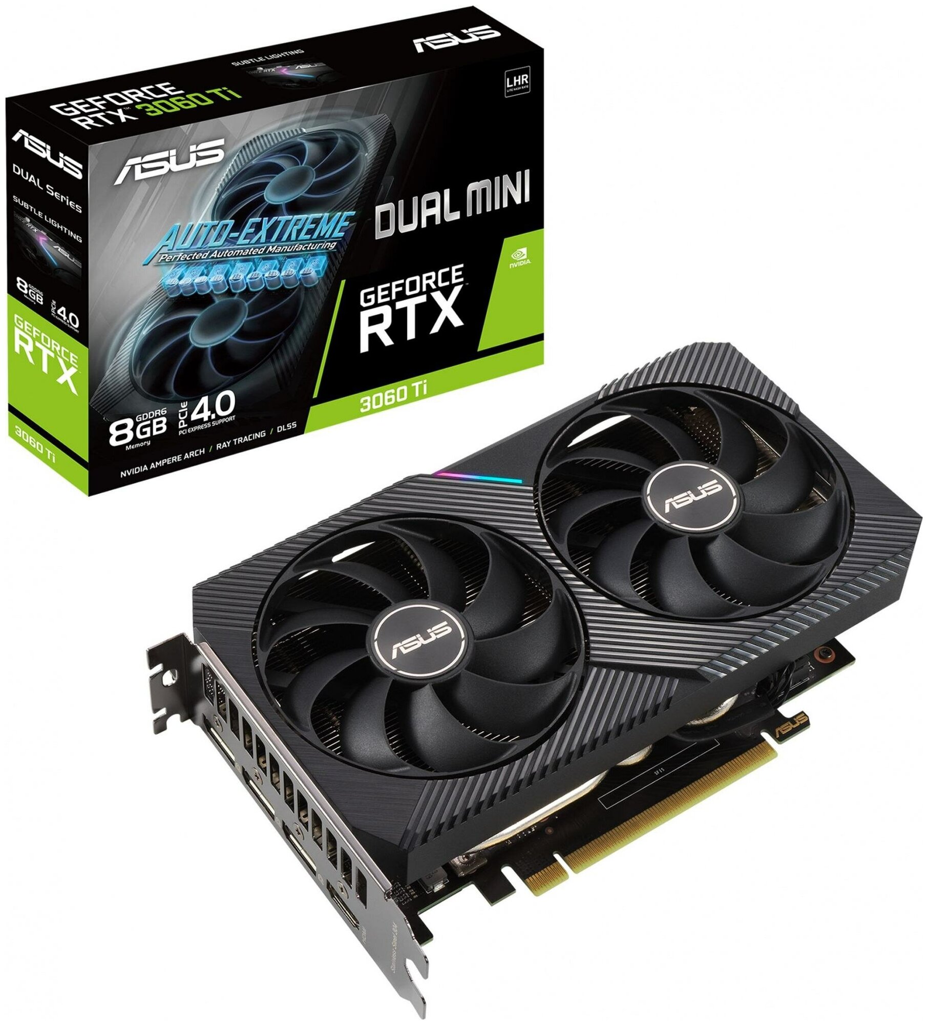 Видеокарта NVIDIA GeForce RTX3060 Ti ASUS 8Gb LHR DUAL-RTX3060TI-8G-MINI-V2 PCI-E 40 ядро - 1665 МГц Boost - 1695 МГц память - 8 Гб GDDR6 14000 МГц 256 бит HDMI 3xDisplayPort подсветка Retail