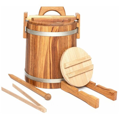 Кадка дубовая 15 литров ОЦ с аксессуарами (гнет, подставка, штырь 35см, щипцы дуб)