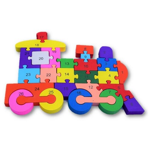 Деревянный пазл с цифрами и алфавитом, паровоз, 26х20см (толщина 1,5см)