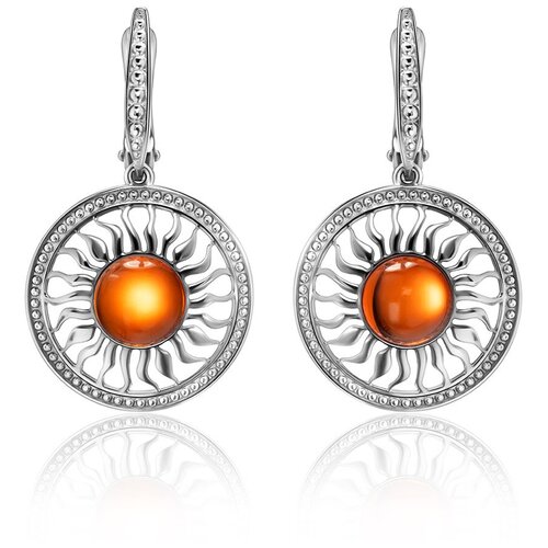 фото Amberholl круглые серьги-подвески из серебра и янтаря коньячного цвета «парнас»