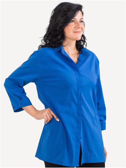 Рубашка  ANNA FREZA, повседневный стиль, оверсайз, укороченный рукав, карманы, манжеты, однотонная, размер 54, синий