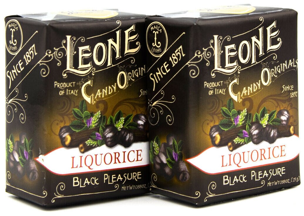 Сахарные конфеты / освежающие пастилки Leone со вкусом лакрицы (2 упаковки по 25 г), Италия - фотография № 1