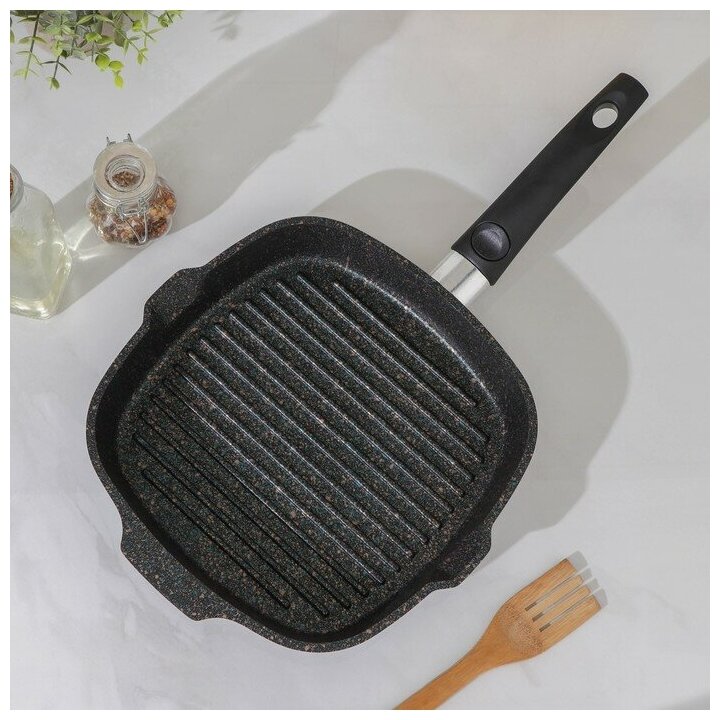 Сковорода-гриль Granit ultra, 26×26 см, съёмная ручка, стеклянная крышка, антипригарное покрытие, цвет чёрный
