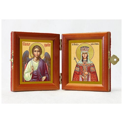 Складень именной Преподобная Елена Сербская, королева - Ангел Хранитель, из двух икон 8*9,5 см