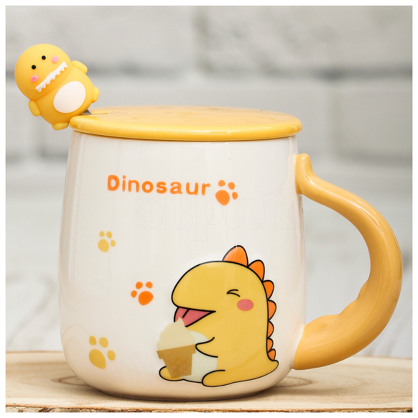 Кружка Динозаврик Dinosaur с ложкой, крышкой, женская, детская, подарочная, мужская 420 мл Эврика (желтый) на 14 февраля, 8 марта