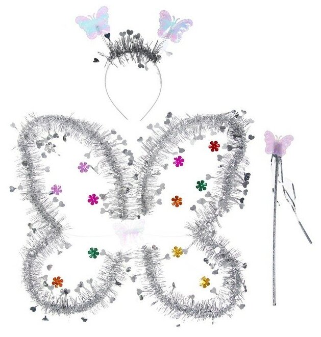 Карнавальный набор "Бабочка" 3 предмета: крылья, ободок, жезл, цвет серебро 4440584