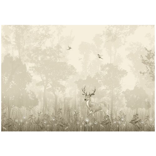 Флизелиновые фотообои Уютная стена Олень в туманном лесу 390х270 см с текстурой Песок