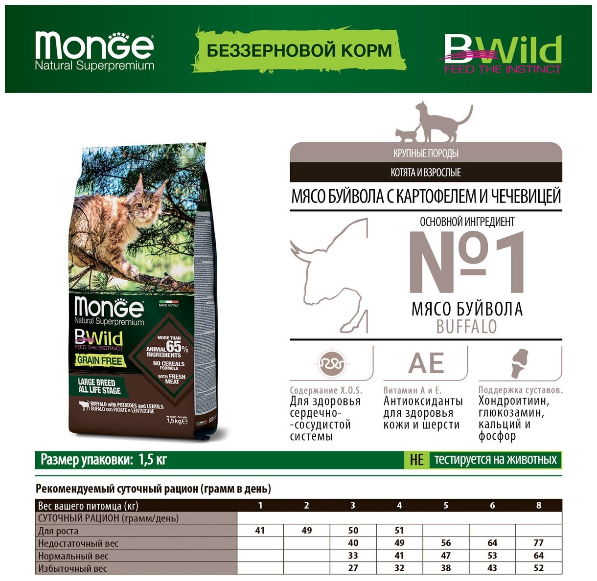 Monge (Монж) Cat BWild GRAIN FREE (холистик) полнорационный беззерновой корм из мяса буйвола для крупных кошек, котов и котят 1,5 кг. - фотография № 11