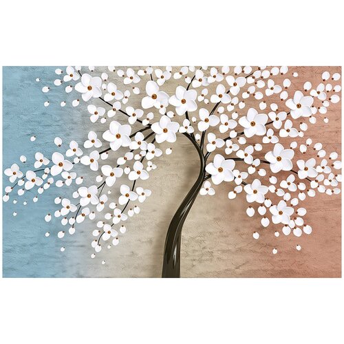 Фотообои Уютная стена 3D Дерево с белыми цветами 430х270 см Бесшовные Премиум (единым полотном)