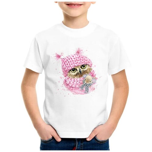 Детская футболка coolpodarok 26 р-рЖивотные. Совушка в розовой шапочке белый  