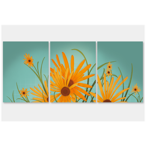 Модульная картина триптих на холсте постер на подрамнике интерьерная Солнечные цветы, размер 93х40 см (3 модуля по 30х40 см), Им-По-097