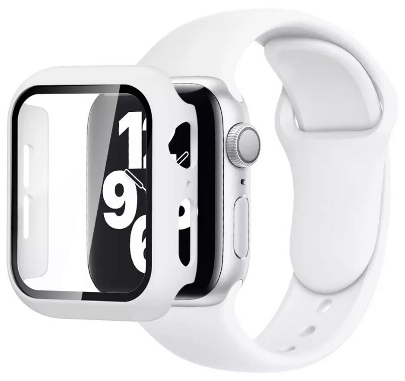 Чехол для Apple Watch 7 41мм со стеклом + силиконовый ремешок для Apple Watch 7 41mm белый