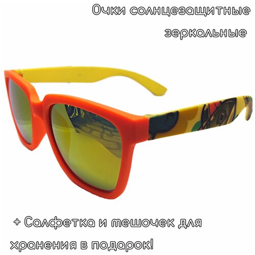 Солнцезащитные очки , прямоугольные, оправа: пластик, зеркальные, для девочек, оранжевый