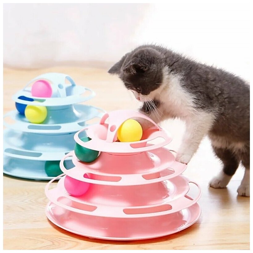 Игрушка для кошек Трек-башня с мячиками "Чистый котик" 25х18 см, розовая, пластик - фотография № 3