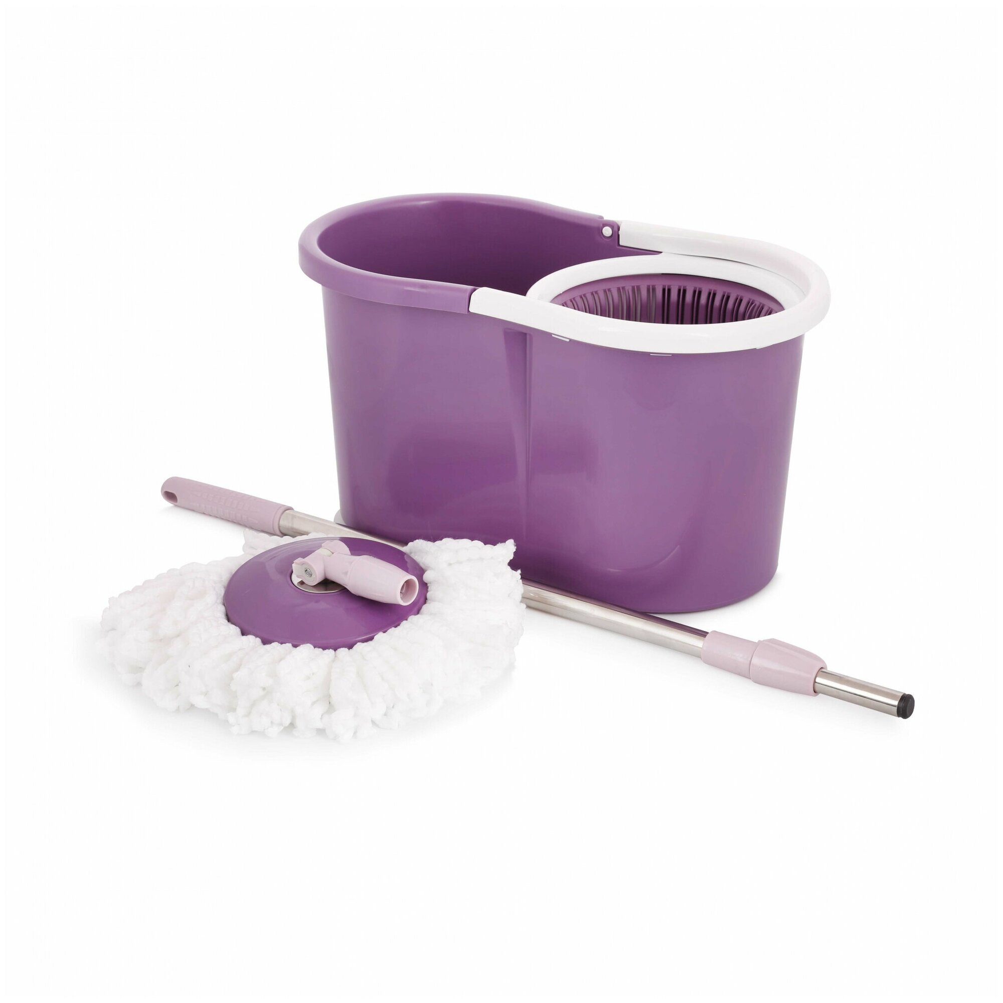 Комплект для мытья полов, цвет фиолетовый: ведро 15л с механизмом отжима, швабра с вращающимся диском-насадкой с длинным ворсом, стальной ручкой 110см