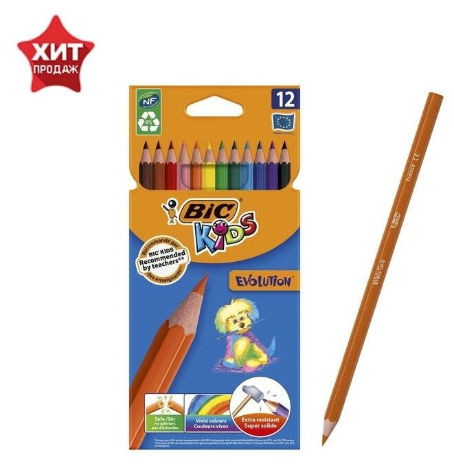 Карандаши 12 цветов BIC Kids Evolution ECOlutions, детские, ударопрочные, пластиковые./ В упаковке: 1