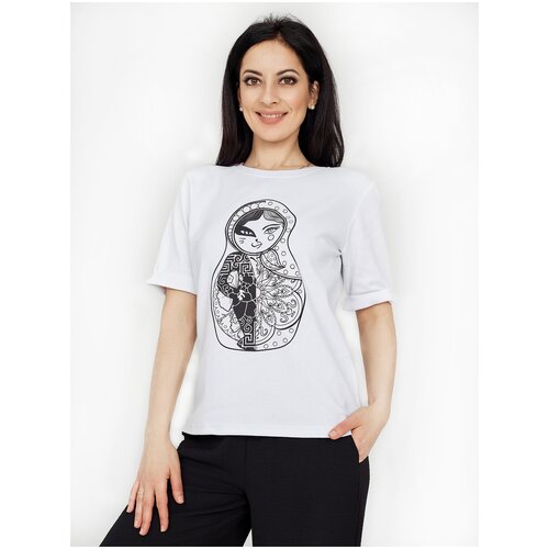 фото Футболка женская, с матрешкой, белая, трикотажка