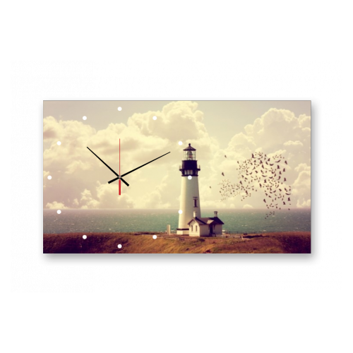 Часы настенные на стекле | Diva Kartina | Природа. Море - Стая птиц над маяком | 70X40 см | Немецкий механизм