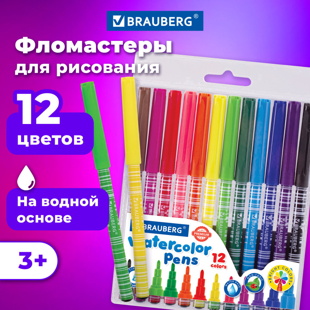 Фломастеры BRAUBERG "PREMIUM", 12 цветов, корпус С печатью, вентилируемый колпачок, ПВХ-упаковка с европодвесом, 151942 упаковка 6 шт.